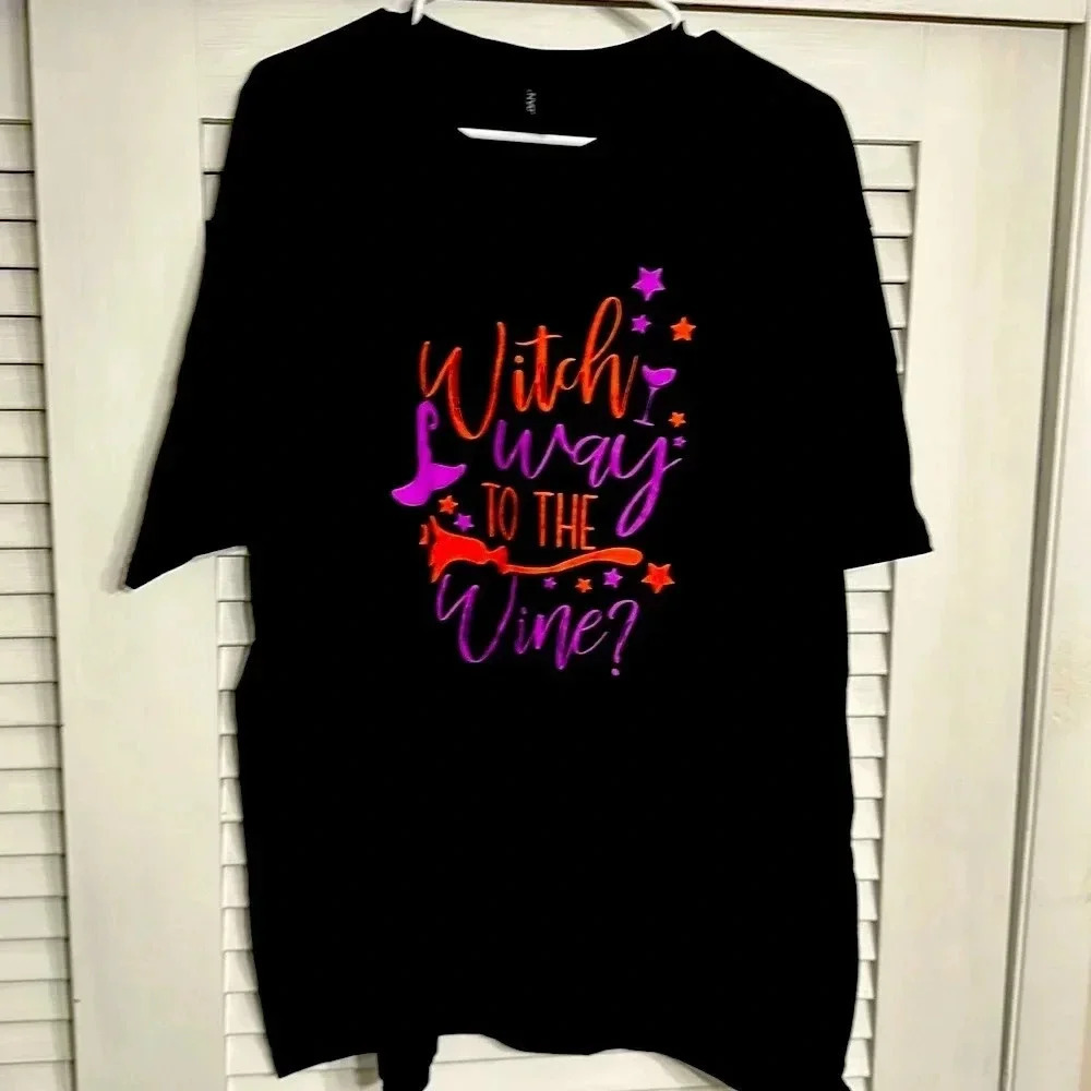 🧙‍♀️WITCH way to the 🍷? halloween holiday/fall/black tshirt size 2XL gildan S/S - Picture 2 of 4